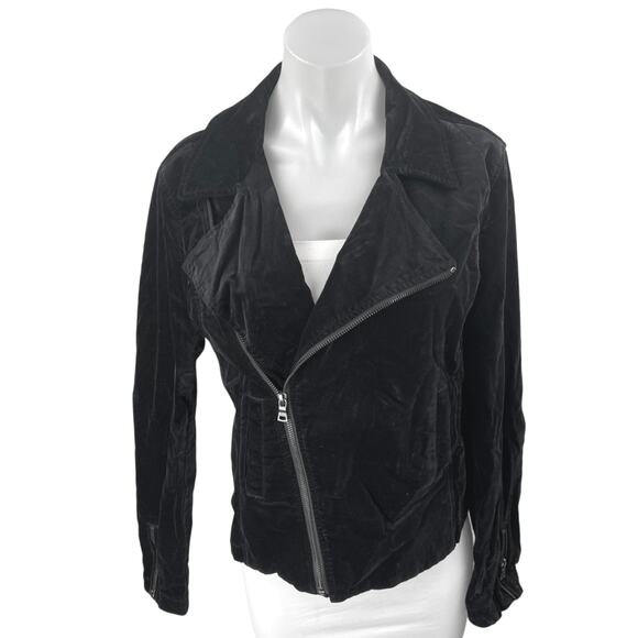 Adriano Goldschmied Black Velvet Velour Long Sleeve Zip Up Moto Coat Jacket M - Picture 1 of 5